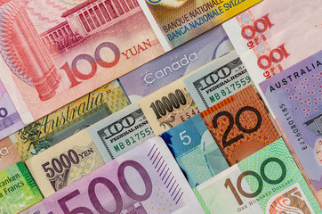 Fototapeta na wymiar American Us Canadian Australian Dollar, Euro, Japanese Yen, and Chinese Yuan banknote