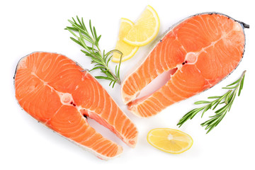 Slice of red fish salmon with lemon and rosemary isolated on white background. Top view. Flat lay