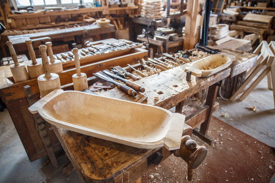 Old traditional carpenter's workshop with its wealth of tools and wood.