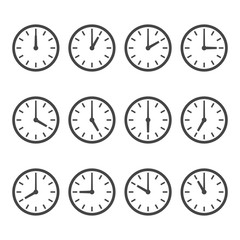 Set of wall clocks for every hour