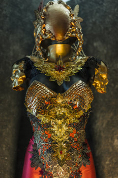 fantastic gold armor and handmade metal pieces, it has a gold dragon scaled breastplate with a helmet of gothic pieces and red feathers, it has a red skirt and metal pieces of jewelery