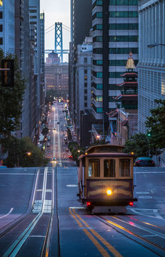 San Francisco Cable Car on California Street in twilight, California, USA