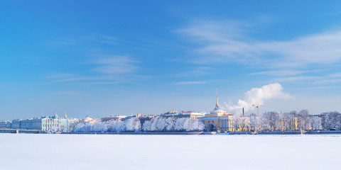 Winter panorama of Neva river, Saint-Petersburg, Russia