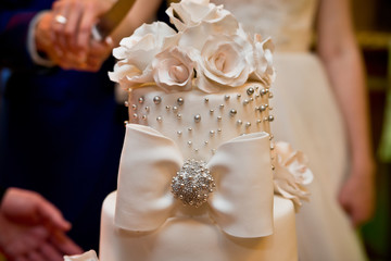 A bride and a groom is cutting their wedding cake