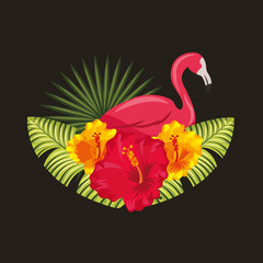 Obraz premium tropical pink flamingo hibiscus palm leaves black background vector illustration