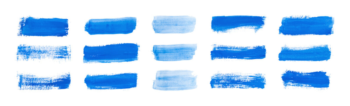 Set blue rectangle watercolor texture on the white background, vector ink, acrylic decoration. 