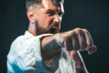 Sportsman martial art taekwondo training, in karate position. MMA - Mixed martial art. Selective focus on fist. Portrait of screaming karate master instructor. © Svitlana