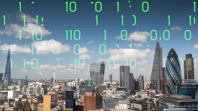 amazing london city skyline timelapse with data and computer programming information mapped ontp the building facades