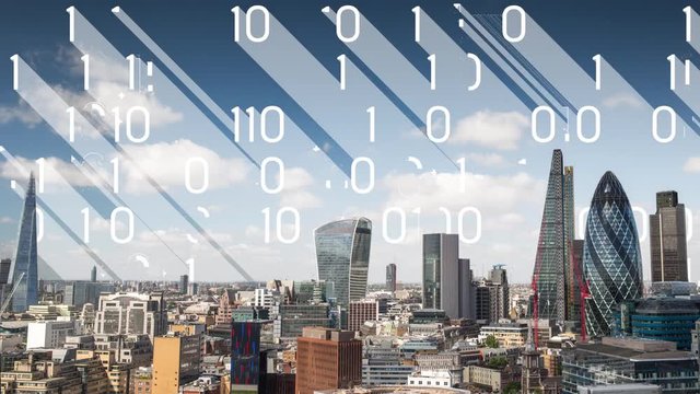 amazing london city skyline timelapse with data and computer programming information mapped ontp the building facades