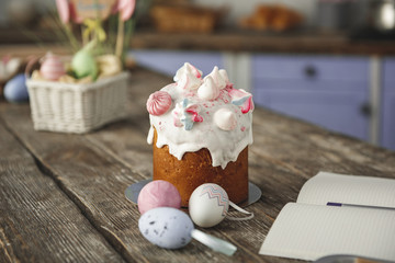 Close up of toothsome meal ready for eating. Focus on holiday conventional bread and eggs