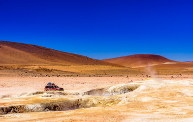 View on Geothermal field by geyser Sol de Manana in the Altiplano of Bolivia