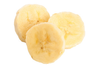 Banana slices isolated on a white background. Flat lay, top view