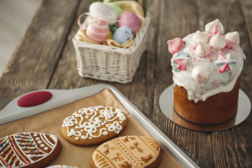 Holiday tradition concept. Close up of easter food on the wooden table