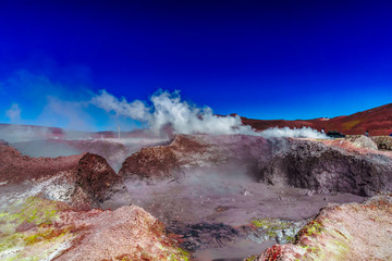View on geyser Sol de Manana in the Altiplano of Bolivia