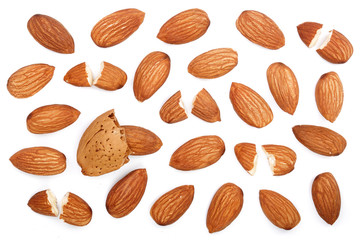 almonds isolated on white background. Top view. Flat lay pattern