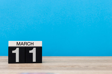 March 11th. Day 11 of march month, calendar on light blue background. Spring time, empty space for text, mockup