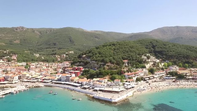 Aerial video of Parga in Greece with beatch and harbour