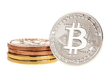 Shiny silver Bitcoin stack isolated