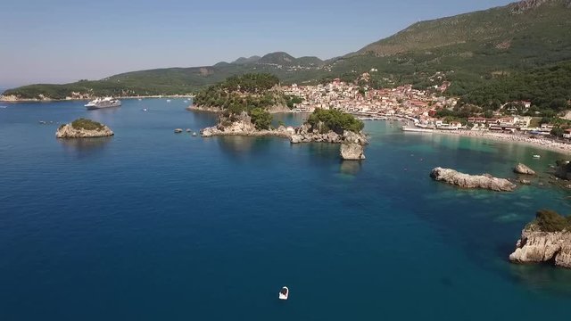 Aerial video of Parga in Greece with beatch and harbour