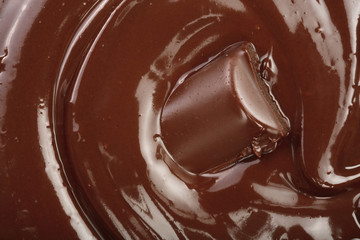 Melted chocolate and pieces of chocolate bar as a background closeup