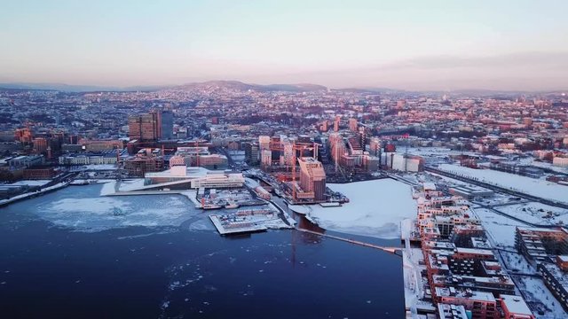 Aerial point of interest shot at sunset of the new Munch museum Lambda in Oslo, Norway seen from Sorenga area towards Grefsenkollen