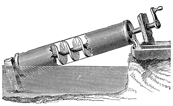 victorian engraving of a diagram of Archimedes Screw