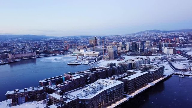 Aerial point of interest shot at sunset of the new Munch museum Lambda in Oslo, Norway seen from Sorenga area