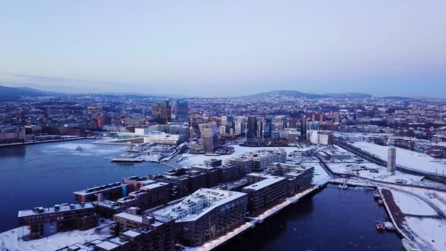 Aerial point of interest shot at sunset of the new Munch museum Lambda in Oslo, Norway seen from Sorenga area