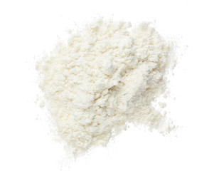 Fototapeta na wymiar Pile of flour isolated on white background. Top view. Flat lay