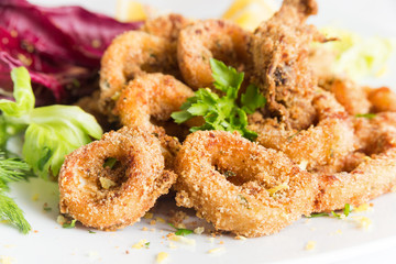 Piatto di calamari fritti, cucina mediterranea