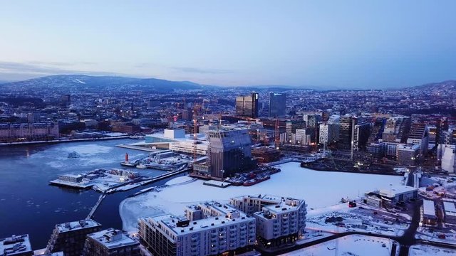 Aerial shot at sunset of the new Munch museum Lambda in Oslo, Norway seen from Sorenga area
