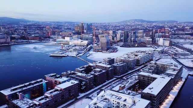 Aerial point of interest shot at sunset of the new Munch museum Lambda in Oslo, Norway seen from Sorenga area
