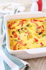 Vegetable Clafoutis with red bell pepper and zucchini in ceramic bakeware