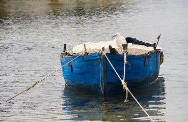 Porto Cesareo, old boat with white heron - Italy