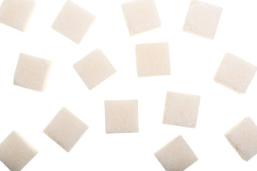 Sugar cubes isolated on white background, close up. Top view. Flat lay