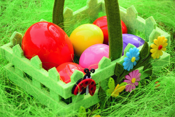 Colorful easter eggs in a basket