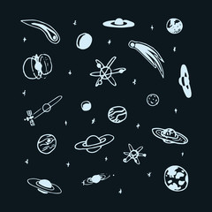 Vector set of hand drawn doodle space object - planet, comet, orbit, satellite, earth, moon, star © olhabocharova