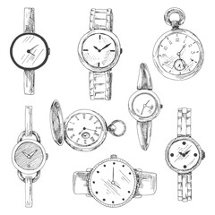 Set of different hours in retro style isolated on white background. Vector illustration in sketch style. - 193875907