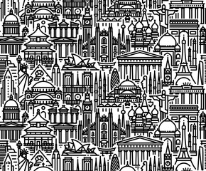Fototapeta premium Seamless pattern with cityscape of worlds most popular tourist attractions. Modern flat line vector background for traveling, tourism and journey concepts