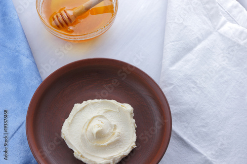 Fresh Cottage Cheese With Honey On A White Background Soft Cheese