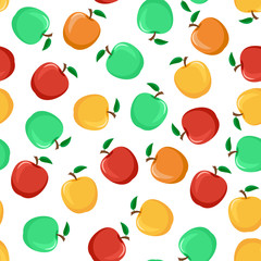 Seamless pattern from colorful apples with a leaf on a white bac