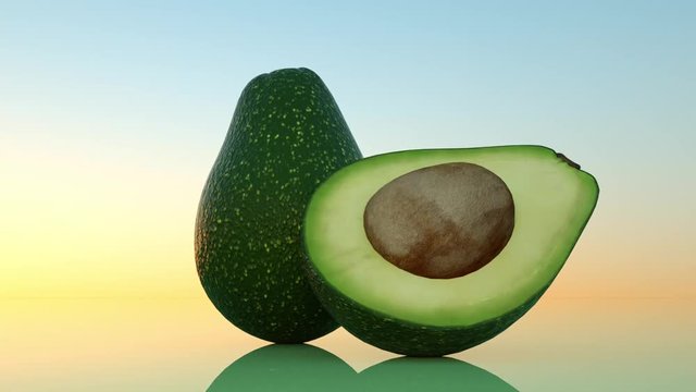 Extremely detailed and realistic 3D animation of a spinning Avocado fruit