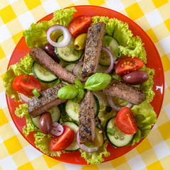 Beef salad on the plate. Grilled beef meat with tasty selection of vegetables.