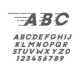 Custom font in italic style with motion elements. Speed highly costumized alphabet. Vector typography.