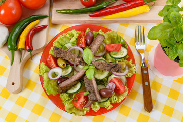 Beef salad on the plate. Grilled beef meat with tasty selection of vegetables.