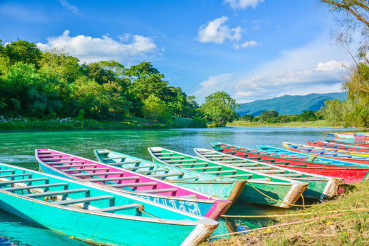 Colorful canoes in Tamul river at Huasteca Potosina, Mexico