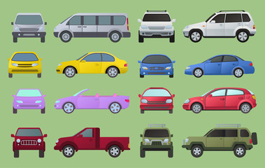 Car city different model objects icons set multicolor automobile supercar. Wheel symbol top and front view side car types. Traffic collection camper car types, sedan, truck minivan automotive
