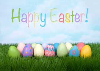 Colorful decorative and plain easter eggs lined up in a row in green grass. Blue sky with clouds in background. Happy Easter in colorful text across the sky.