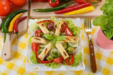 Chicken salad on the plate. Grilled chicken meat with tasty selection of vegetables.