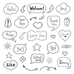Think and talk speech bubbles. Artistic collection of hand drawn doodle style comic balloon, cloud and heart. Vector illustration in sketch style.